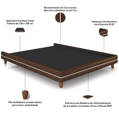Cabeceira Casal Nilo 140cm Com Cama Pés Madeira Suném P05 Couríssimo Marrom Bouclê Cru - Lyam Decor