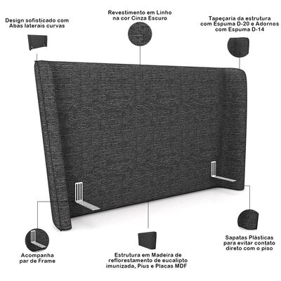 Cabeceira Cama Box Queen 160cm Nilo P05 Linho Cinza Escuro - Lyam Decor