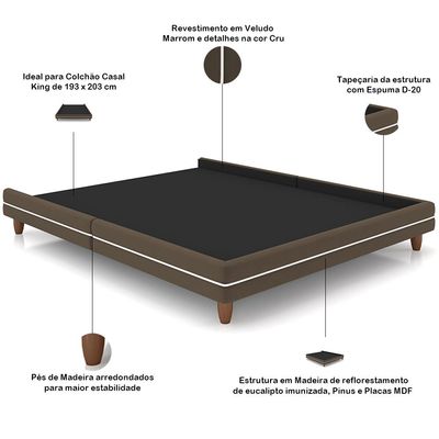 Cabeceira Casal Nilo 195cm Com Cama Pés Madeira Suném P05 Veludo Marrom - Lyam Decor