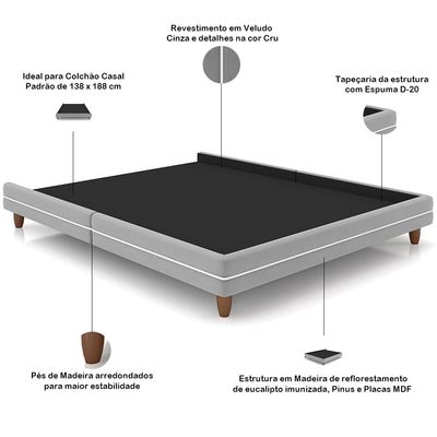 Cabeceira Casal Nilo 140cm Com Cama Pés Madeira Suném P05 Veludo Cinza - Lyam Decor