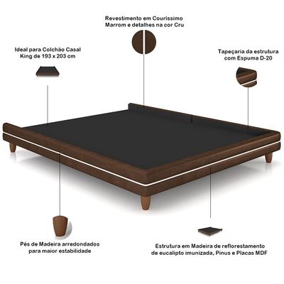 Cabeceira Casal Nilo 195cm Com Cama Pés Madeira Suném P05 Couríssimo Marrom Bouclê Cru - Lyam Decor