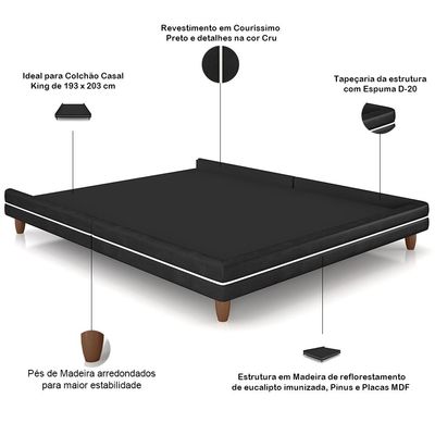 Cabeceira Casal Nilo 195cm Com Cama Pés Madeira Suném P05 Couríssimo Preto Bouclê Cru  - Lyam Decor