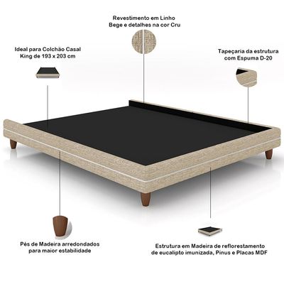 Cabeceira Casal Nilo 160cm Com Cama Pés Madeira Suném P05 Linho Bege - Lyam Decor