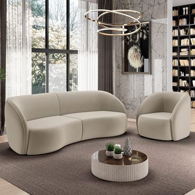 Kit Sofá 4 Lugares Eron 240cm Com Poltrona Giratória Angelina M03 Veludo Bege - Lyam Decor