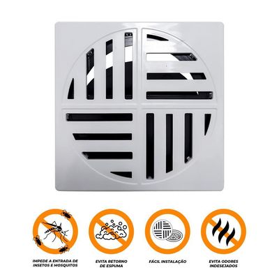 Ralo Grelha Anti-inseto Automático Inteligente Quadrado 15x15cm Banheiro Lavatório Branco Abs