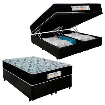 Cama Box Baú Queen Bipartido Sintético + Colchão Molas Ensacadas Sereneprime Sonnolux 158x198x69 Preto