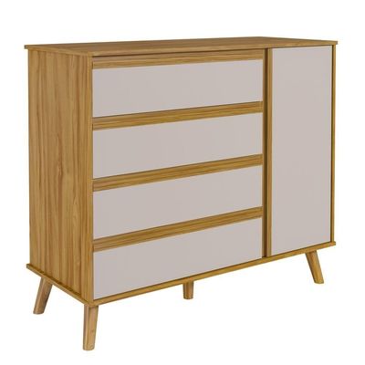 Cômoda Retro Théo 04 Gavetas 01 Porta Mdf Moveis Peroba Amendoa-off White