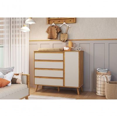 Cômoda Retro Théo 04 Gavetas 01 Porta Mdf Moveis Peroba Amendoa-off White
