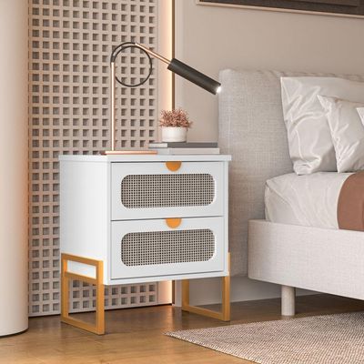 Mesa De Cabeceira Titanium Estilo Industrial Com Pés De Ferro - Branco / Dourado