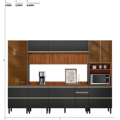 Cozinha Modulada Proença 6 Peças Com Paneleiro 1 Forno E Aéreo 120cm Ripado Nogueira Touch/Carbono Prime Tx - Demartêz
