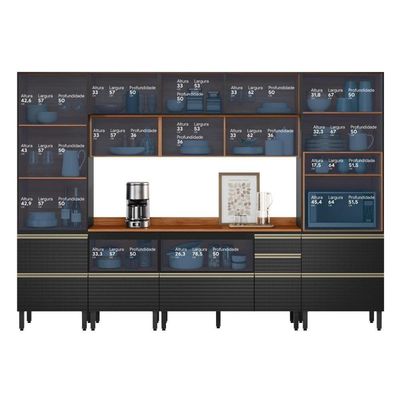 Cozinha Modulada Proença 6 Peças Com Paneleiro 1 Forno E Aéreo 120cm Ripado Nogueira Touch/Carbono Prime Tx - Demartêz