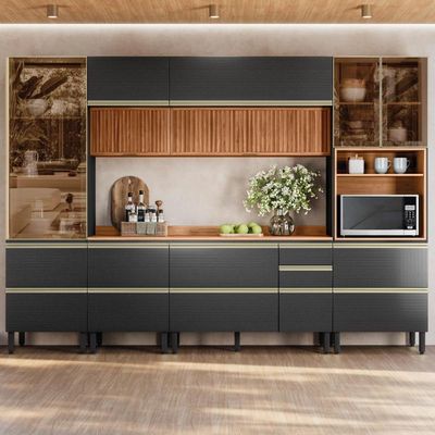 Cozinha Modulada Proença 6 Peças Com Paneleiro 1 Forno E Aéreo 120cm Ripado Nogueira Touch/Carbono Prime Tx - Demartêz