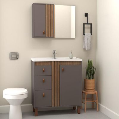 Espelheira Ariel 80cm Com Detalhe Ripado Havana/jequitibá