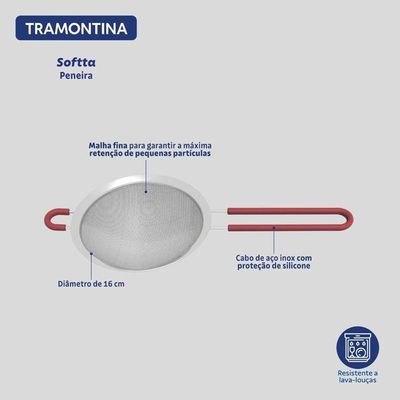 Peneira Tramontina Softta Vermelho Em Aço Inox Com Cabo De Polipropileno 16cm