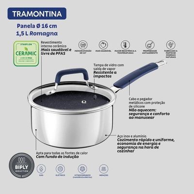 Panela Tramontina Romagna Aço Inox E Alumínio 16cm Com Revestimento Cerâmico Black Stone