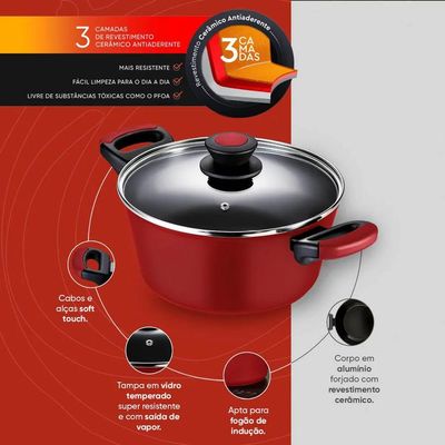 Caçarola Antiaderente Oxford Everyday Vermelha 20cm Alumínio com Tampa