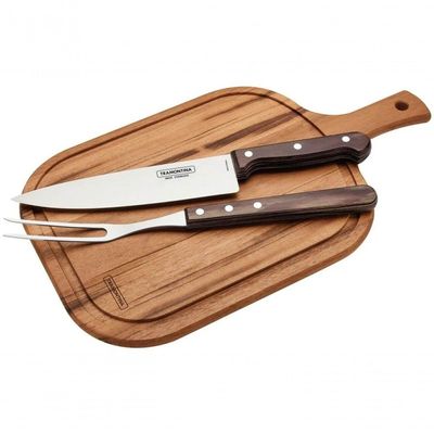 Jogo De Churrasco Tramontina Polywood Castanho E Tábua 3 Peças