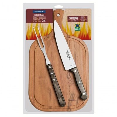 Jogo De Churrasco Tramontina Polywood Castanho E Tábua 3 Peças
