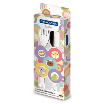 Jogo De Talheres Infantil Tramontina Baby Friends Em Inox Com Desenho Alto Relevo 2 Peças