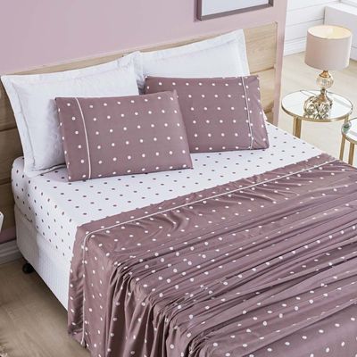 Jogo Cama Lençol Meggy Poá Queen Bolinhas Micropercal 200 Fios 4 Peças - Rosê