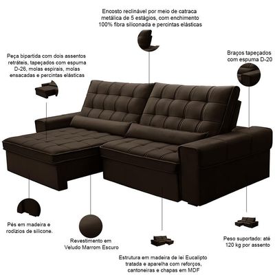 Sofá Retrátil Reclinável Para Sala 4 Lugares 290cm Nebrasca F04 Veludo Marrom Escuro - Lyam Decor