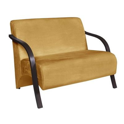 Poltrona Namoradeira Suede Braço Madeira Tecido Amarelo