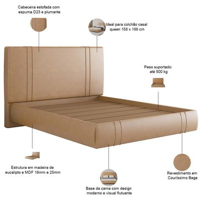 Cama Queen Flutuante Com Cabeceira 160cm Astra S04 Couríssimo Bege - Lyam Decor
