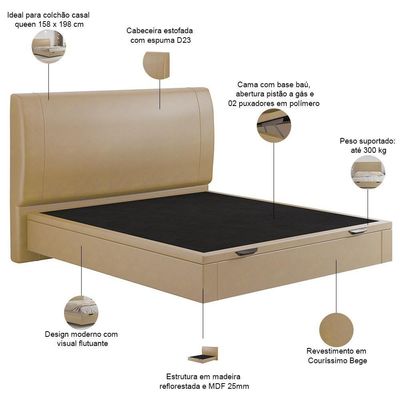 Cama Queen Baú Flutuante Com Cabeceira 160cm Spazio S04 Couríssimo Bege - Lyam Decor