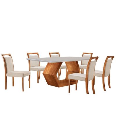 Mesa Ane 180 Tampo Com Vidro Laqueado Com 6 Cadeiras Livia Linho Off White Imbuia Natural
