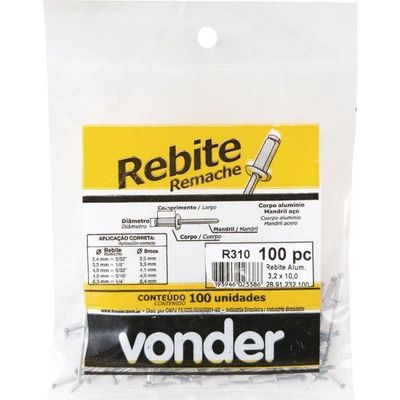 Rebite Repuxo De Alumínio 4,8x25,0mm Mandril Aço 100 Vonder