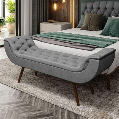 Recamier Puff Estofado Casal 140 Cm Drusa Veludo Cinza