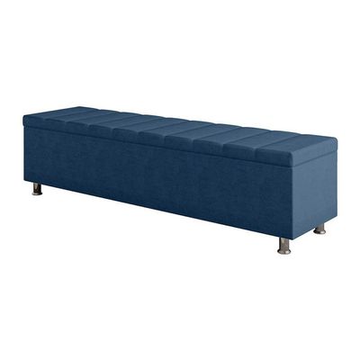 Calçadeira Baú Recamier Estofado Queen 160 Cm ônix Veludo Azul Marinho
