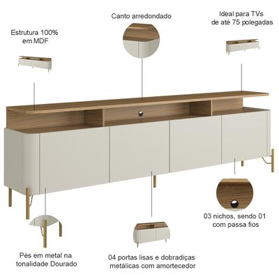 Rack Para Sala de Estar TV 75 Pol 4 Portas 180cm Pés Dourado Clio I03 Louro Luna - Lyam