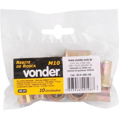 Rebite Aço Carbono M10 Rebite Manual Rosca Pacote 10 Vonder