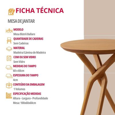 Mesa Bistro Ballare Tampo Redondo 60cm Moderna Mobília Imbuia Natural