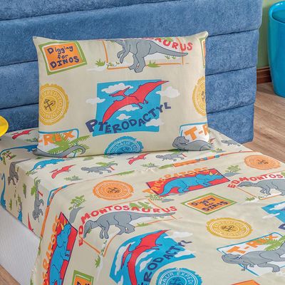 Jogo de Cama Lençol Carrosel Solteiro 03 Peças Infantil Estampado Divertido - Dinossauro