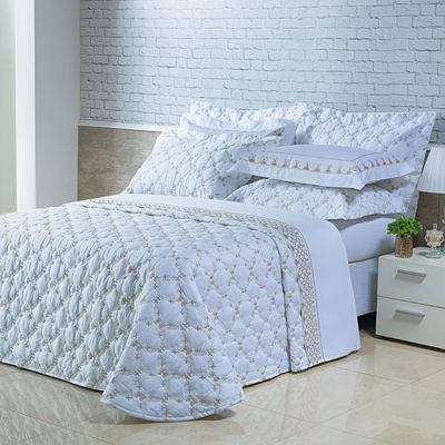 Kit Cobre Leito Colcha Garland Super King 100% Algodão 400 Fios Acetinado Bordado 5 Peças - Branco
