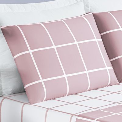 Jogo Cama Lençol Brooklyn Casal Quadriculado Micropercal 200 Fios 4 Peças - Rosa
