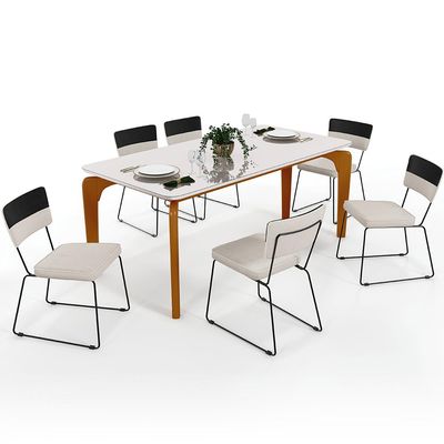 Mesa De Jantar Capri 160cm Off White 6 Cadeiras Allana B05 Faixa Corano Preto Linho Cru - Lyam Decor