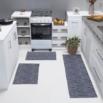 Kit Passadeira Tapete Cozinha 3 Peças Jacquard Base Antiderrapante - Marinho