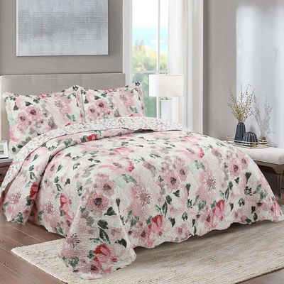 Kit Cobre Leito Colcha Mix King Estampado Dupla Face Floral 3 Peças - Sirlene - Rosa