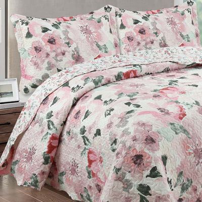 Kit Cobre Leito Colcha Mix King Estampado Dupla Face Floral 3 Peças - Sirlene - Rosa
