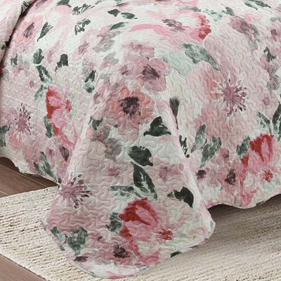 Kit Cobre Leito Colcha Mix King Estampado Dupla Face Floral 3 Peças - Sirlene - Rosa
