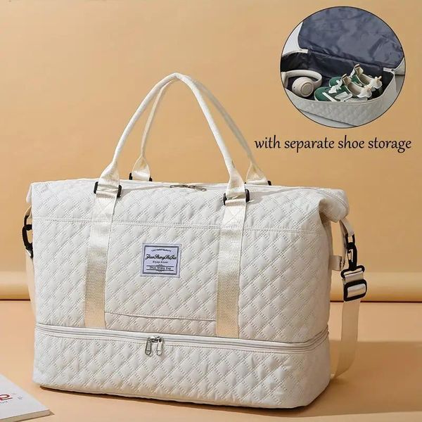 Bolsa de Viagem Feminina Grande Capacidade Impermeável Tote com Compartimento para Sapatos azul claro