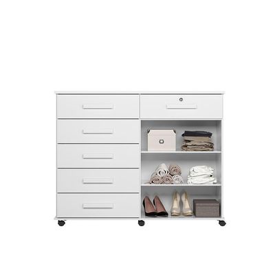 Cômoda Platina 2019 - 5 Gavetas Sapateira Rodízios Corrediças Metálicas Puxadores Cromados Branco - Lukaliam Móveis