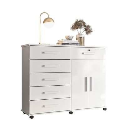 Cômoda Platina 2019 - 5 Gavetas Sapateira Rodízios Corrediças Metálicas Puxadores Cromados Branco - Lukaliam Móveis