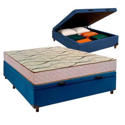 Cama + Bau Azul E Colchão D33 Casal - Maxsono Paropas