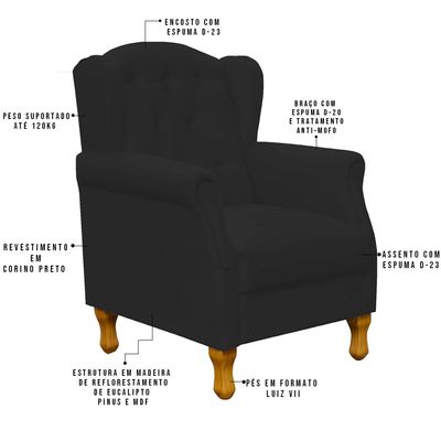 Poltrona Decorativa Para Sala de Estar Yara P02 Corino Preto - Lyam Decor