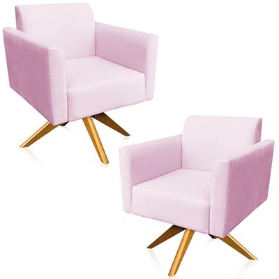 Kit 02 Poltronas Decorativas Isabella Base Giratória Madeira Suede Rosa Bebê - Gran Belo