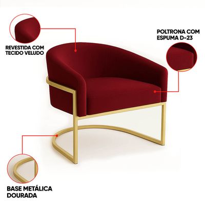 Poltrona Sala Decorativa Industrial Dourada Kit 2 Arielle Veludo Marsala D03 - D'Rossi